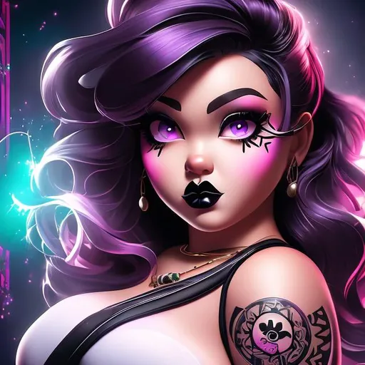 Prompt: {{{{highest quality full body splash art masterpiece}}}}, Chubby Pin-up woman, an annoyed grungy goth girl with a round face, {violet eyes}, {tribal tattoos}, apocalyptic,