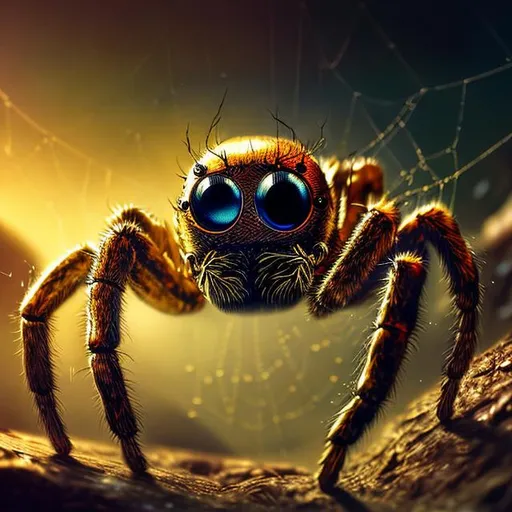 Prompt: spider,  vintage, hyperdetailed, 8k resolution concept art, complementary colors, deep color, hyperrealism, photorealism, golden hour, complex, detailed, expansive, photorealistic, retro, Julian Pott style