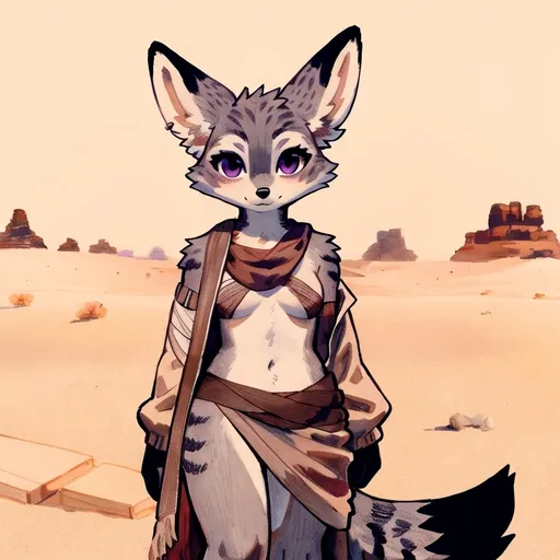 Prompt: score_9, score_8_up, score_8, solo, female, (by_birdpaw), vulpera, location: desert caravan, gray fur, white belly, purple eyes, clothing: bandage on chest and rags on hip, top view