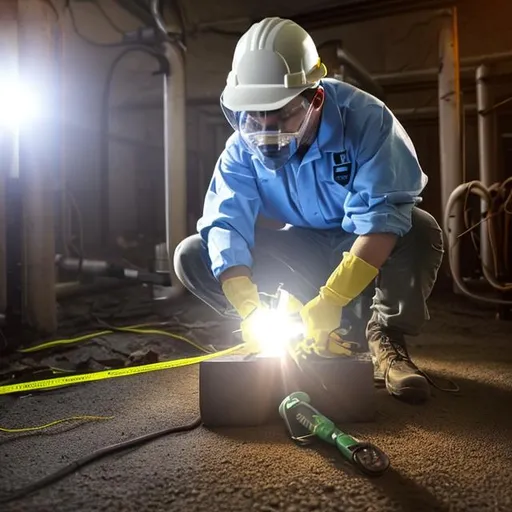 Prompt: Show an image of a technician wearing appropriate safety gear (such as a hard hat and safety vest) conducting an inspection on a ground electrode or a grounding system. They could be using a ground resistance tester or other testing equipment. Ensure that the surroundings are well-lit, highlighting the professional nature of the maintenance task.