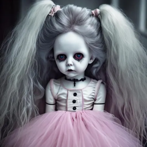Prompt: Scary porcelain doll in a dark hallway next to a young dead girl with blonde hair wearing a pink shirt and a tutu, sitting down with her back on the hallway's wall stabbed in the forehead,  and tears running down her face