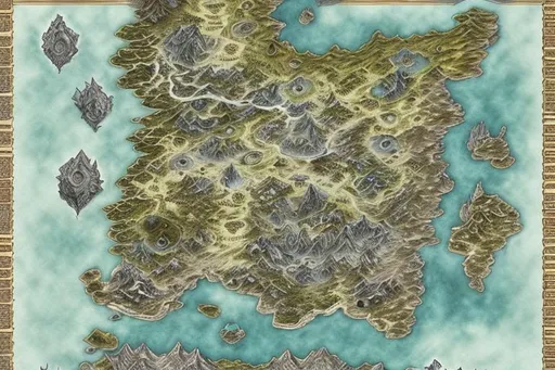 Prompt: highly detailed fantasy map, cartography, art by devon rue, swllsword maps, critical role, roll 20, dnd beyond, fantasy, world, bright, waterfall