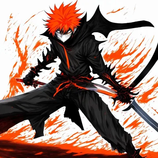 Prompt: full body animated image of ichigo kurosaki with orange hair and his hallow mask covering his face, holding his sword with a black and deep red aura emanating from the blade, perfect composition, super detailed, 8k, high quality, intricate details, highly detailed