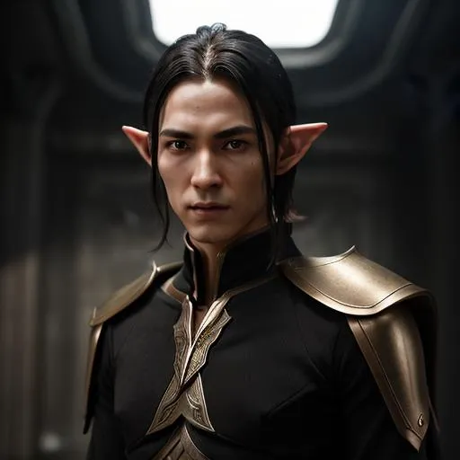 Prompt: highly detailed realistic photograph of a very slender featured male elf character in a sci-fi setting, full body scene, noble clothing, symmetrical face, ideal features, short thin ears, black hair and dark complexion, 85mm lens, f8, photography, ultra details, natural light, light background, photo, Studio lighting, cinematic, lord of the ring elf