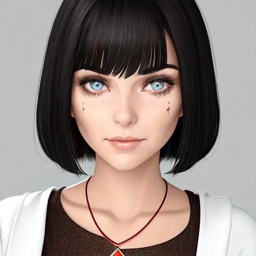 Prompt: Lady has dark, chin-length hair on both sides of her face and she has a fringe that reaches her eyebrows. She has many scars across her body, the most prominent being the one across her nose. She also always has a necklace with a red gem on it. Like her father, she has the genetic condition called heterochromia, which render each of her eyes a different color: her left eye is red while her right eye is bluish-green.


Lady has heterochromia, a condition that makes her eyes have different colors.

Lady seems to be younger than Dante. When she is first seen in Devil May Cry 3, she wears a schoolgirl outfit with a short white blouse that bares her midriff and sleeves that reach just past her elbows. The skirt appears to be made of protective plating and she has a utility belt to hold gun magazines, with dark black/purple shorts underneath. Connected to the belt is a harness for Kalina Ann. She carries a pistol on the front of her skirt and a Skorpion submachine gun with a bayonet on the back, with a lever action bow gun of sorts strapped to her left thigh, and finally, a pistol strapped to her right boot. She wears dark brown gloves and orange-brown knee-high boots, with black socks under.