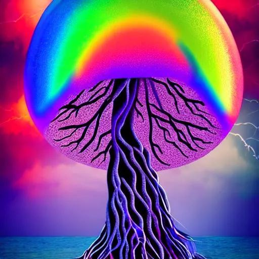 Prompt: rainbow jellyfish tree with lightning and fire