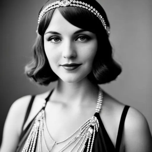 Prompt: 1920s flapper with very long light brown hair and a diamond   headpiece on her head