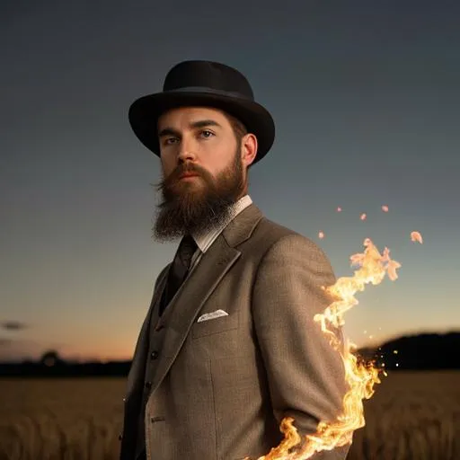Prompt: A man with a suit and tie from 1890 with a bowler hat staring into a galaxy in a field of wheat, with him on fire, beard, brown hair, green eyes, in color faceing away from camra, best quilaty, at night, stars in backround