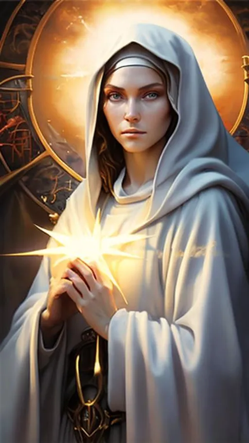 Prompt: airbrushed matte oil painting, masterpiece:1.4, best quality:1.0, photorealistic, highly detailed, medieval fantasy, character portrait, angelic face, serene expression, female aasimar warrior nun wearing white robes and a golden sun pendant, in the style of Eric Belisle