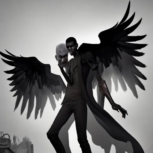 Prompt: a tall man with black almost bat like wings. he has a slightly olive skin color. shadows around him. clean shaven. wearing fighting leathers and completely blalck dress with slighth silver linings. he must have tatoos on his arms. there should be smoky shadow around him. the man must have almost real wings.