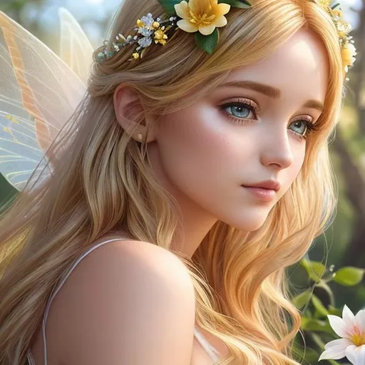 Prompt: fairy goddess of Springtime with golden hair with flowers woven into her hair, ethereal, facial closeup