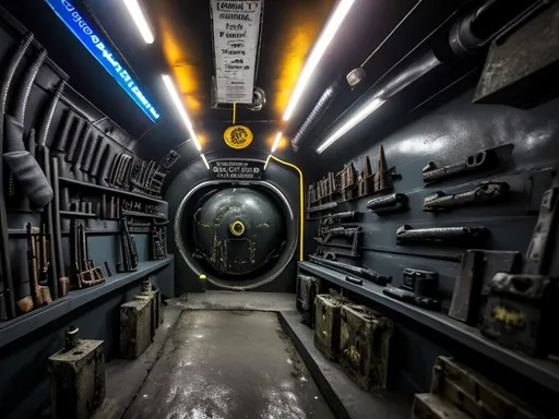 Prompt: Dark weapons shopfront on submarine