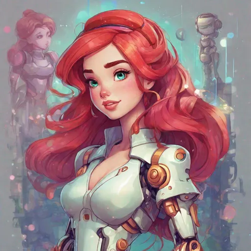 Prompt: Vivid, detailed, Disney art style, full body, Ariel Disney Princess, Hair part on left side, full body, cute, Android, Robot