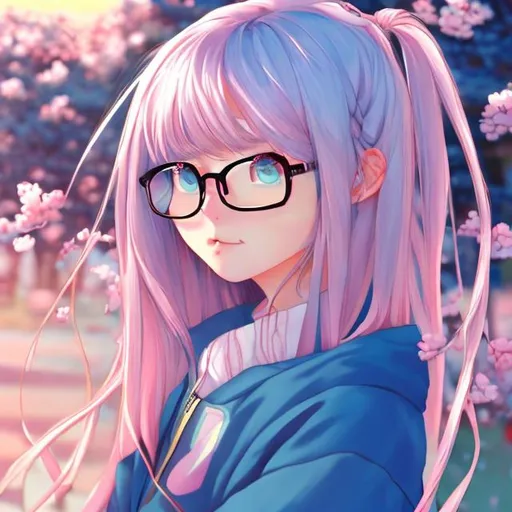 Prompt: manga girl, blue long straight hair, blue bangs, sun set, cherry blossom, little blush, glasses, pink jacket, blue eyes, masterpiece 








