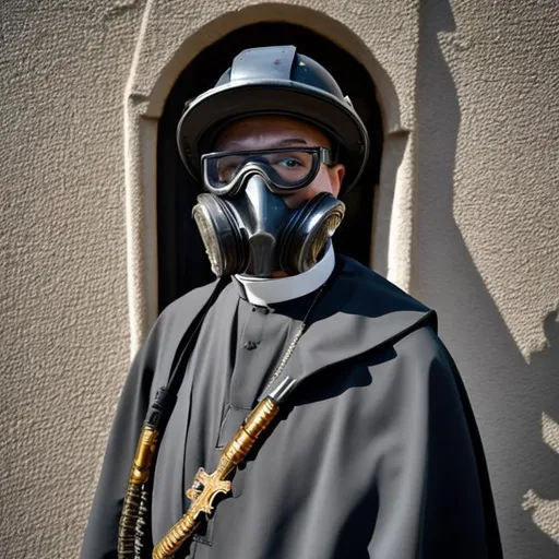 Prompt: a catholic priest with a gas mask