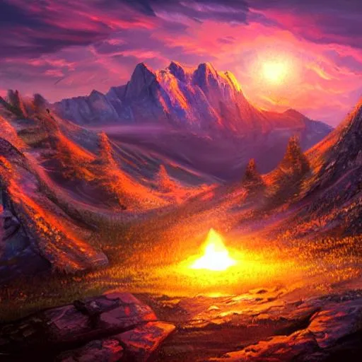 Prompt: mountain landscape, backlit by fire, 4 k, digital art, concept art, trending on artstation