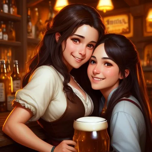 Prompt: A detailed portrait of a cute brunette girl hugging a beer mug illustrator, barmaid, in a tavern, brown eyes, laughing, by justin gerard and greg rutkowski, digital art, realistic painting, dnd, character design, trending on artstation