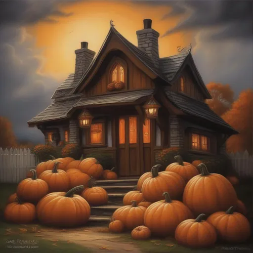 Prompt: painting of a stack of pumpkins in front of a cottage in the style of Anne Stokes