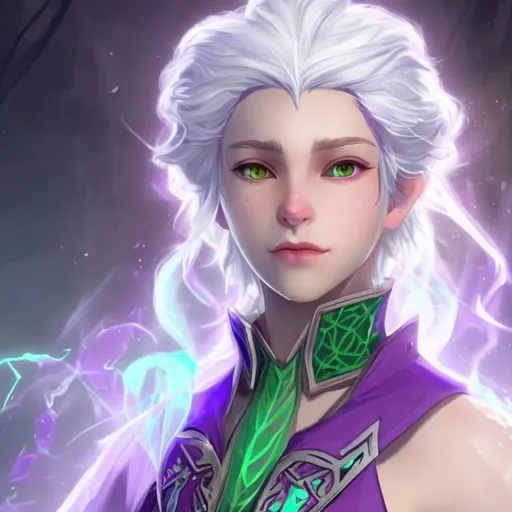 Prompt: Young White haired sorceress with hair in small bun and purple eyes and a green dress
