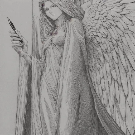 Prompt: A pen and ink depiction with strong lines showing an angel