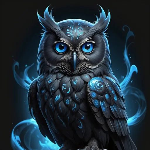Prompt: transparent ghostly black owl, two blue kind eyes, blue ghostly swirls all around , masterpiece, Character Design art. Concept Art. Digital Art. 4k HD. Trending on artstation. 