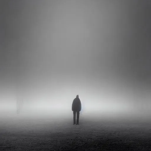 Prompt: strange creature in the black endless fog  looking at you