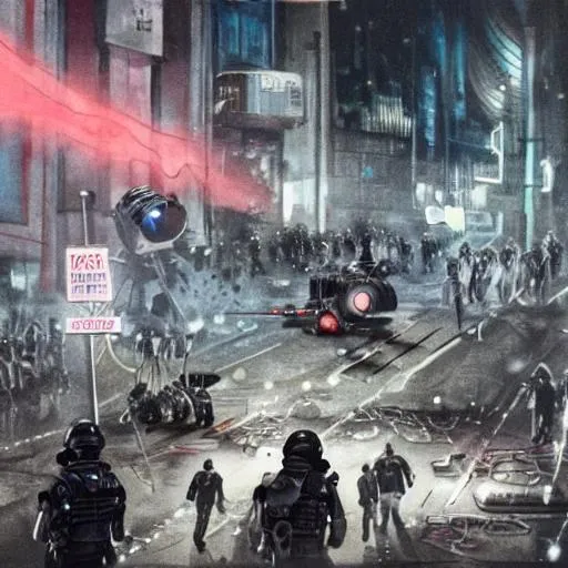 Prompt: A realistic clean Biopunk dystopia at night. In the streets there are militarized police firing cybernetic arm canons at protestors.