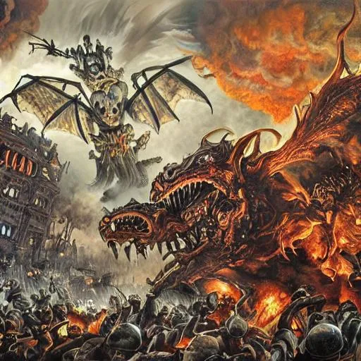 Prompt: A hyper detailed painting of Satans and his Legion of 1000 Hyper realistic Demons yelling loudly ,with a ww2 style battle ruined city in flames as a back ground in 8k