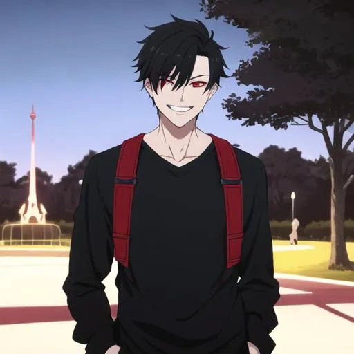 Prompt: Damien (male, short black hair, red eyes) in the park at night, grinning sadistically, casual outfit