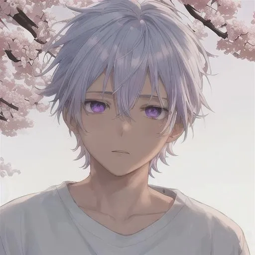 Prompt: young light tan boy with pastel blue and white hair and purple eyes sakura tree detailed face white t-shirt
