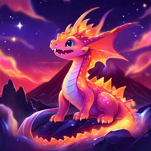 Prompt: An elegant translucent baby dragon that is glowing, yawning, beneath the stars, sunset, volcano background, highres, best quality, concept art