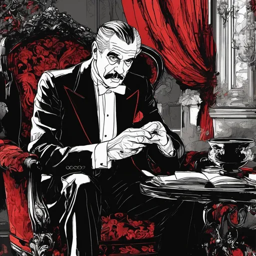 Prompt: (Boris Karloff talking to Vincent Price), Black and White pen and ink sketch style, dark color scheme, elegantly gothic attire, intricate details, dim lighting, dramatic shadows, opulent background, luxurious textures, ornate furniture, deep reds and blacks, baroque patterns, solemn atmosphere, rich color tones, dark romanticism, ultra-detailed, 4K, photorealistic masterpiece, timeless elegance.