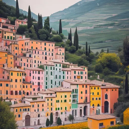 Prompt: italian landscape with pastels, like a Wes Anderson film