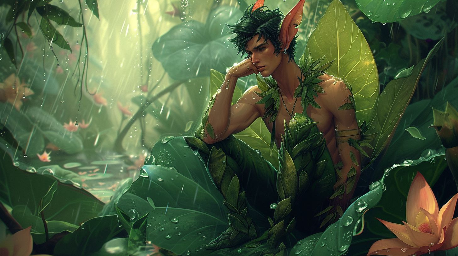 Prompt: realistic, pixie, fairy, handsome man in form fitting leaf clothing, sitting on a HUGE flower surrounded by other beautiful flowers, leaning back on a leaf comfortably, using a leaf as an umbrella to hide from the gigantic raindrops, fantasy, elf ears, half open mouth, bright green eyes, ice green pixie cut messy hairstyle with ahoge, everything is enormous next to the pixie --ar 16:9 --v 6.0