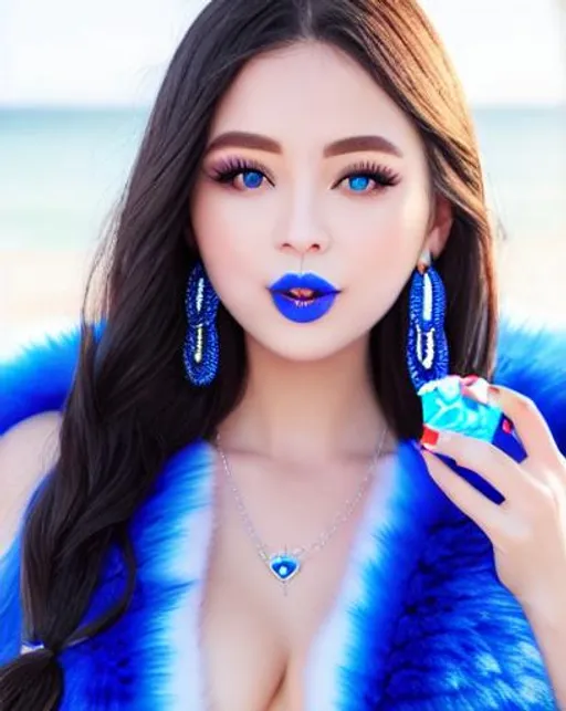 Prompt: Dawn eating candy ice cream, blue lipstick, snowy beach, blue heart necklaces, Thick blue fur coat, Black Cape, pleasant face, blue spiral eyes, Black-purple eyeshadow, long ice earrings. Cold color scheme, ultradetailed, 8k resolution, perfect, smooth, high quality, shiny. 