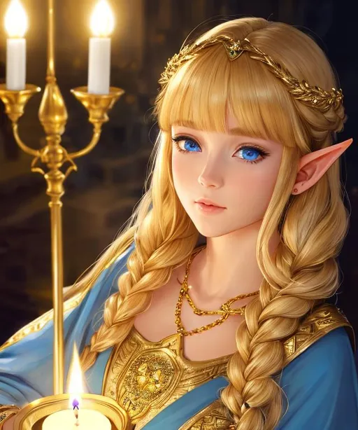 Prompt: photo realistic portrait of elf girl who is light up by a candle. she wears a magical golden and intricate dress and magical accessories. She has beautiful golden blonde hair with blunt bangs and braid, charming grayish blue eyes, detailed and angular face. chiaroscuro lighting, the artwork by Amano Yoshitaka and Yoji Shinkawa
