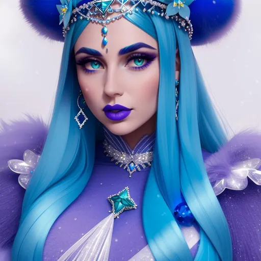 Prompt: GeminiTay, Heavy snow, Giant Blue Orb in Sky, Long Straight Blue hair, Ice crystal tiara with Green Flowers, Thick bushy blue eyebrows, medium sized nose, plump diamond shape face,  Blue lips, ethereal blue eyes, Triangle Star earrings, soft ears, Large blue plastic chain around neck, Blue heart necklaces, Purple candy shaped rings, Large blue fur coat with armor underneath. Scaley gloves. Long Blue Skirt with moons.