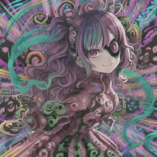 Prompt: insane, anime character, wavy hair, smiling, trippy background, drugs, mushrooms in background, mask, illusions, vibrant colors 