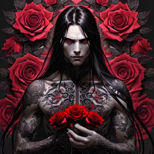 Prompt: Artgerm, WLOP, Greg Rutkowski; Beautiful male rogue, long black hair, Intricately Designed beautiful face, Intricately Designed dark red roses across torso, connected by rose vines, Photograph Taken on Nikon D750, Intricate, sinister, Elegant, Digital Illustration, Scenic, Hyper-Realistic, Hyper-Detailed, 8k, rogue