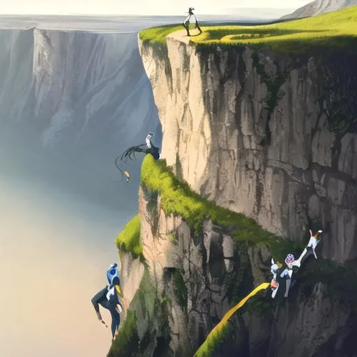 Prompt: Cliff edge, jumping, queuing, people