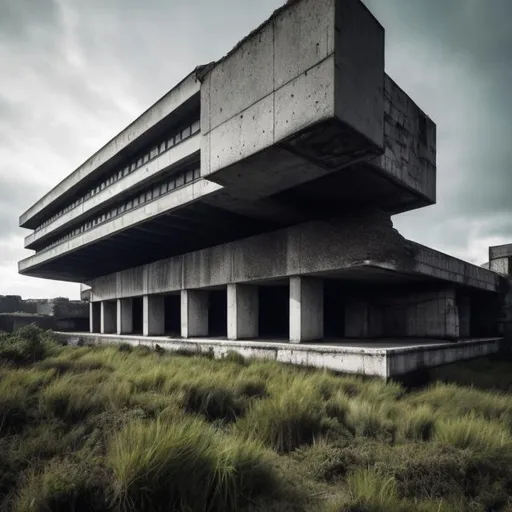 Prompt: a large brutalist architecture, wide angle, empty, reclaimed by nature, concept of physics do not apply