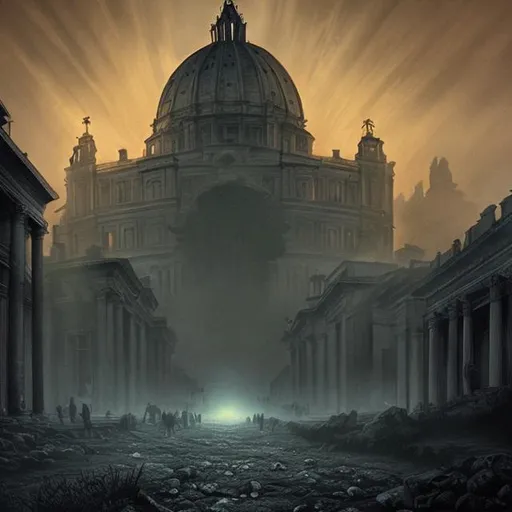 Prompt: it's Rome but in a Lovecraft story. Seen by the sky.
Black Myst envelope the city and the light project the shadow of undefinied creatures on the fog.
Evil is in town.
Look like a Lee Bermejo style but colored by Marvel artist