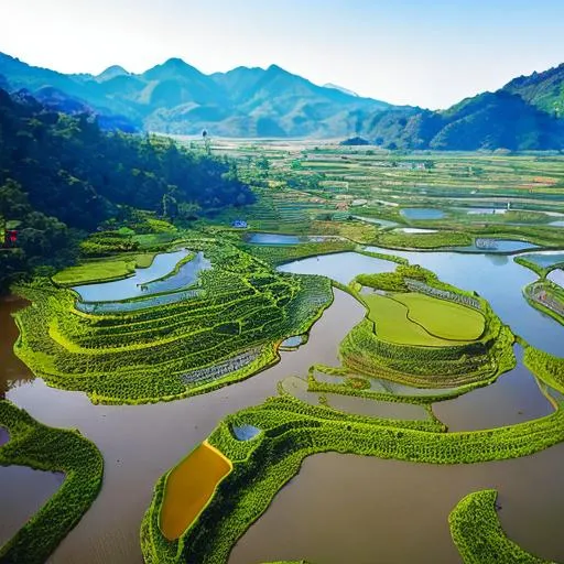 Prompt: Aerial view of populated fantasy island with rice paddies and farms in the mountains, very few trees, town on the coast