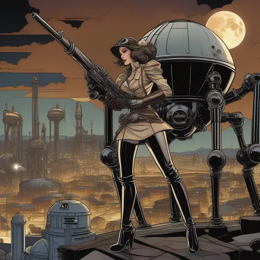 Prompt: comic book style, star wars, a female steampunk heroine using huge blunderbuss on huge steampunk spider robot, industrial silos as background, Full-body portrait, detailed beautiful eyes, epic full moon in background, urban city, windy with clouds, 8k, dim lighting, by Al Williamson