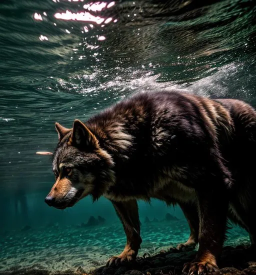 Prompt: Werewolf swimming underwater 