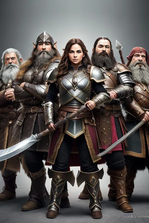 Prompt: award winning portrait photo of a group of 4 human characters wearing fantasy armor, with battle axe, One readhead, and two Dwarves (backlighting:1.4), digital painting, concept art, smooth, sharp focus, rule of thirds, dark fantasy, intricate details, medium shot, (shallow depth of field:1.1), by sandra chevrier, art by RFKTR_rootrex