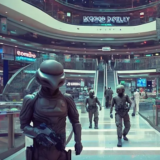 Prompt: Komodo Dragon security guards in a busy alien mall, widescreen, infinity vanishing point, galaxy background, surprise easter egg