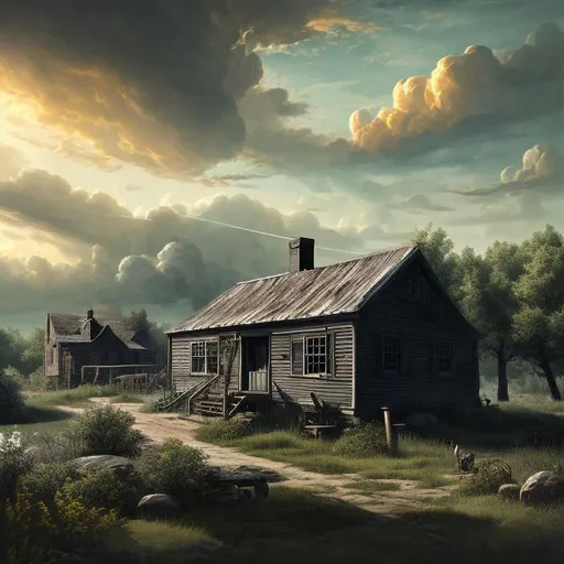 Prompt: Album Cover, Nuclear wasteland ((((post-nuclear disaster)))), 18th-century colonial tavern {cottage core}. Beautiful space, tall landscapes, blue-gray atmosphere, clouds, outdoors,

