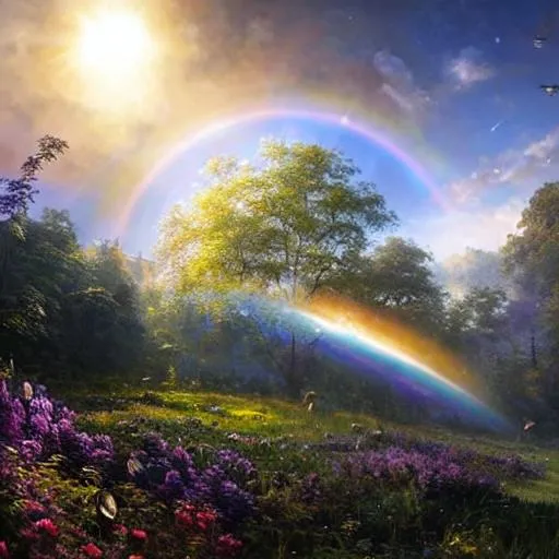 Prompt: Glass sphere with a Solar Halos above a meadow, rainbow around the sun in clear sky, descending rainbows" a breathtaking artwork by Jean Baptiste Monge, Andree Wallin, Thomas Kincade, Geoffroy Thoorens, Krenz Cushart, Epic scale, highly detailed, clear environment, triadic colors cinematic light 16k resolution