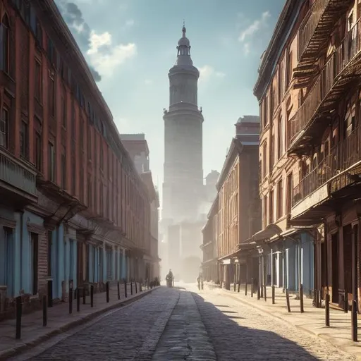 Prompt: tall 1800s buildings city background tall buildings with road high resolution 4k daytime nice weather light blue sky